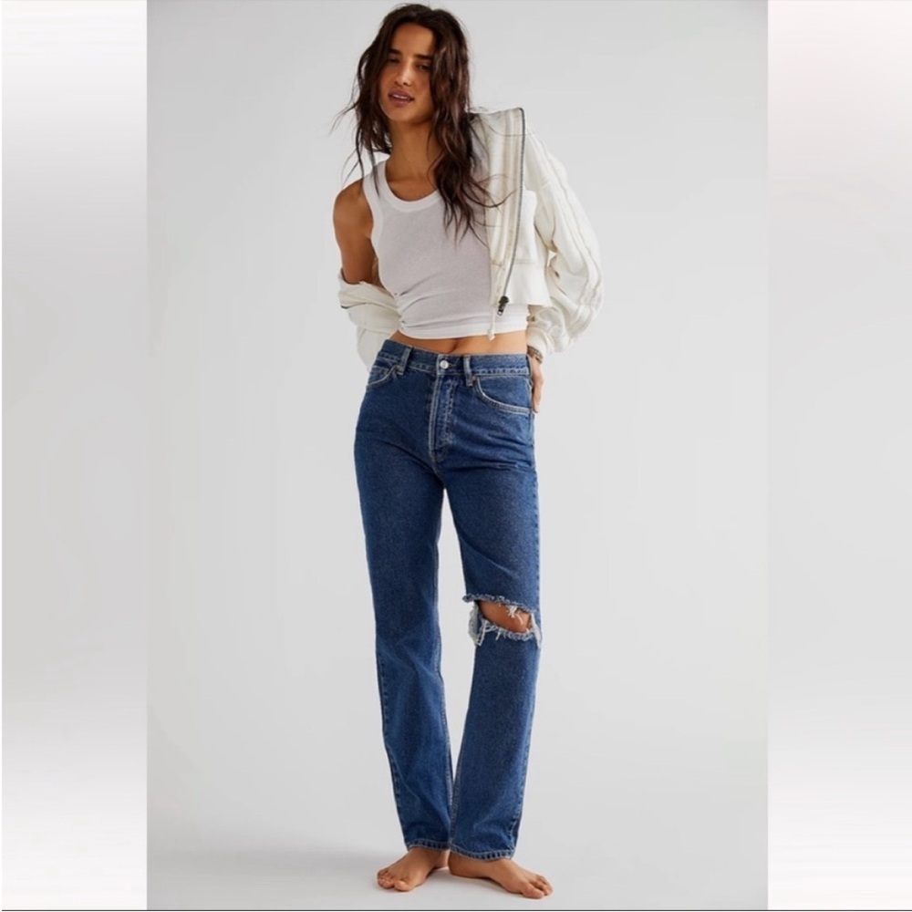Free People We the Free Lasso Straight Leg Jeans in Sapphire Wash Sz 28